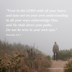 “Trust in the LORD with all your heart, and lean not on your own understanding; in all your ways acknowledge Him, and He shall direct your paths. Do not be wise in your own eyes.” 